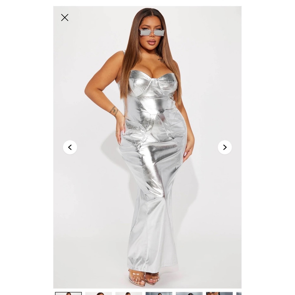 NWT Fashion Nova Galaxy Princess Metallic Maxi Dress Silver Size XL